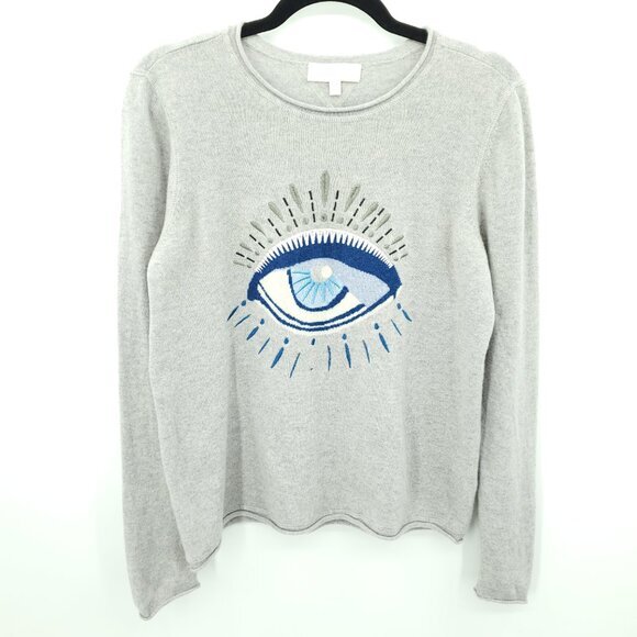 Lisa Todd 100% Cashmere Embroidered Evil Eye Rolled Hem Sweater M Gray/Blue - Picture 1 of 15